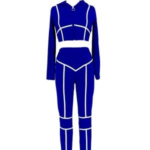 Striped Workout Jacket & Pants Two-piece Set, Zip Up Cropped Long SleeveJacket💙